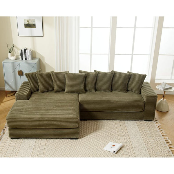 English Elm [new Arrived] Oversized Corduroy Sectional Sofa with Chaise Eight Pillows for Spacious Living Rooms Green Left Chaise W2108S00059