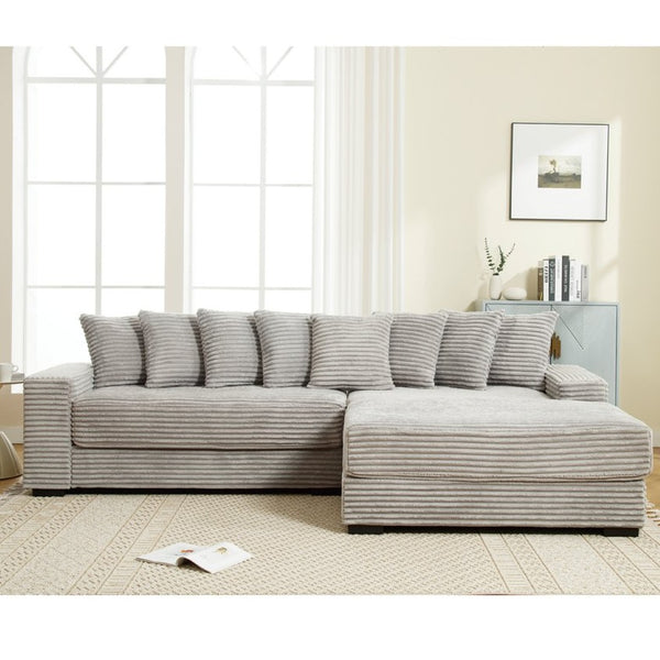 English Elm [new Arrived] Oversized Corduroy L Shaped Sectional Sofa with Eight Pillows for Living Room Gray Right Chaise W2108S00060