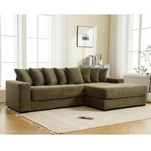 English Elm [new Arrived] Oversized Corduroy Sectional Sofa with Chaise Eight Pillows for Spacious Living Rooms Green Right Chaise W2108S00061