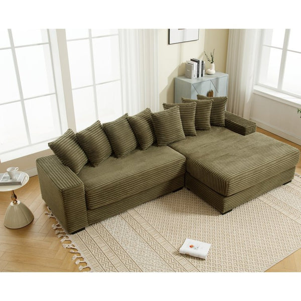 English Elm [new Arrived] Oversized Corduroy Sectional Sofa with Chaise Eight Pillows for Spacious Living Rooms Green Right Chaise W2108S00061