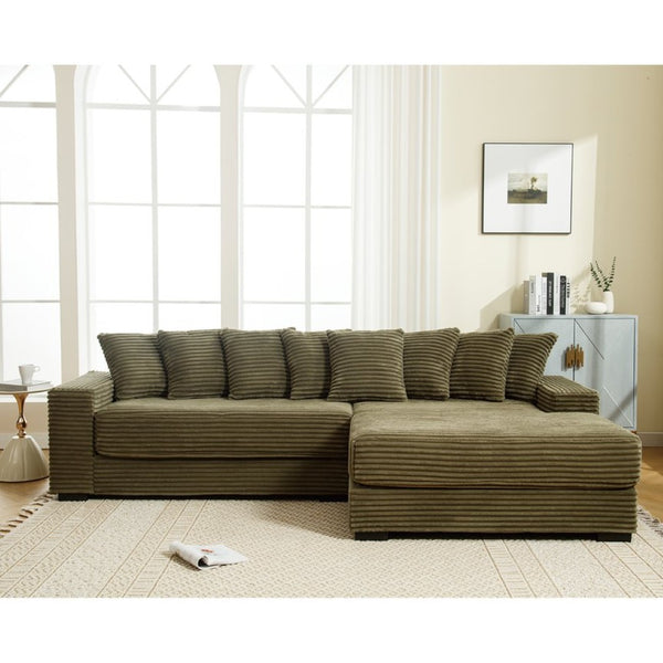 English Elm [new Arrived] Oversized Corduroy Sectional Sofa with Chaise Eight Pillows for Spacious Living Rooms Green Right Chaise W2108S00061
