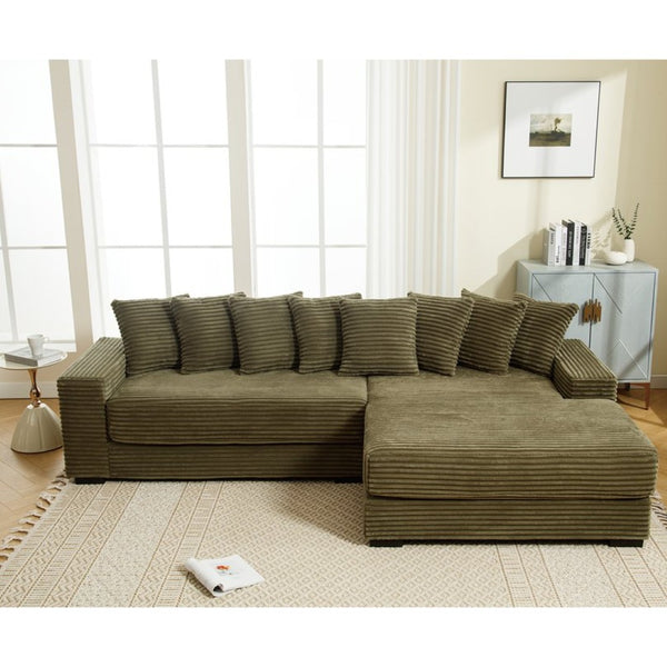 English Elm [new Arrived] Oversized Corduroy Sectional Sofa with Chaise Eight Pillows for Spacious Living Rooms Green Right Chaise W2108S00061