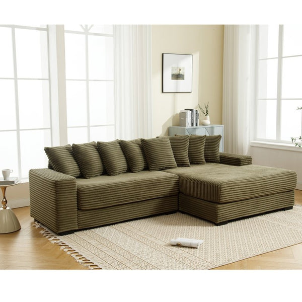 English Elm [new Arrived] Oversized Corduroy Sectional Sofa with Chaise Eight Pillows for Spacious Living Rooms Green Right Chaise W2108S00061