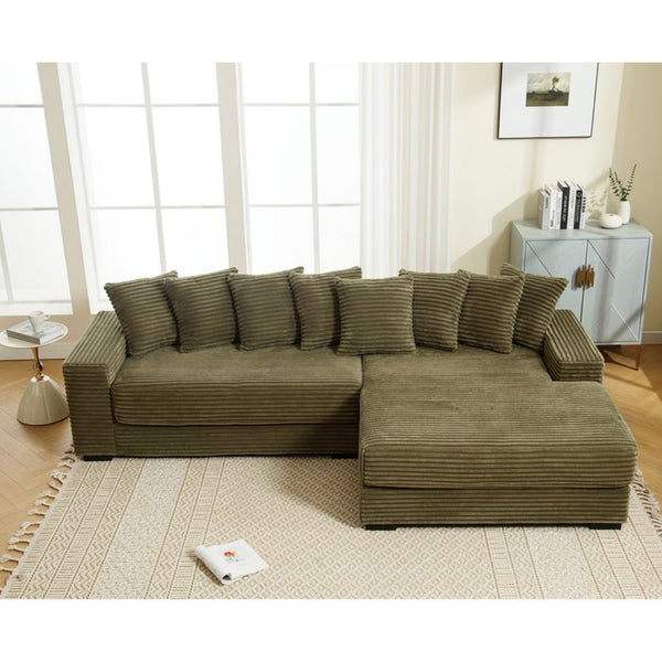 English Elm [new Arrived] Oversized Corduroy Sectional Sofa with Chaise Eight Pillows for Spacious Living Rooms Green Right Chaise W2108S00061