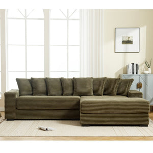 English Elm [new Arrived] Oversized Corduroy Sectional Sofa with Chaise Eight Pillows for Spacious Living Rooms Green Right Chaise W2108S00061