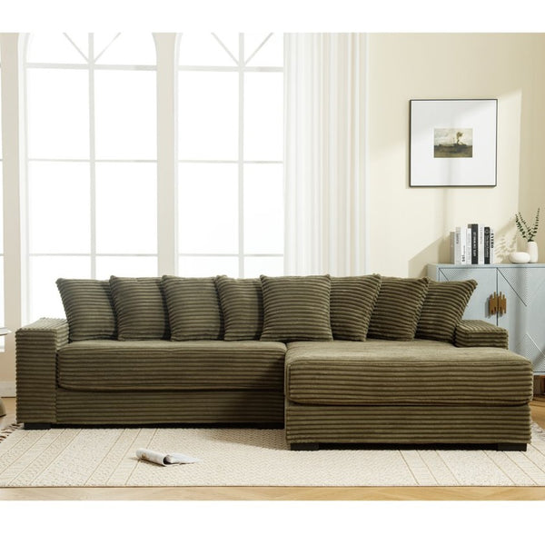 English Elm [new Arrived] Oversized Corduroy Sectional Sofa with Chaise Eight Pillows for Spacious Living Rooms Green Right Chaise W2108S00061