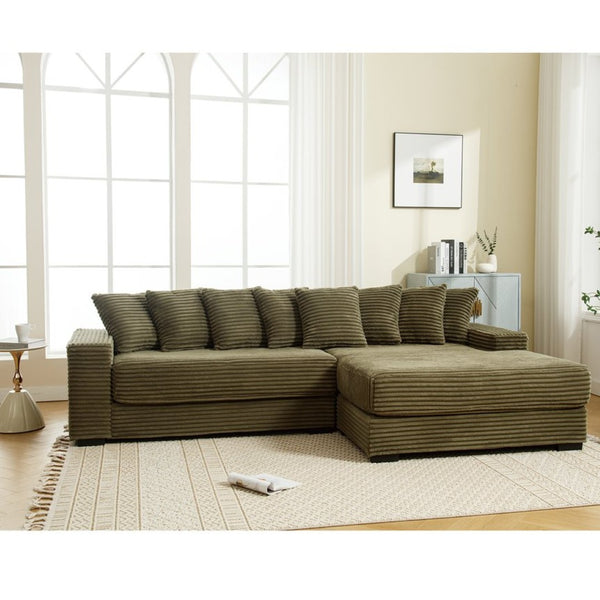 English Elm [new Arrived] Oversized Corduroy Sectional Sofa with Chaise Eight Pillows for Spacious Living Rooms Green Right Chaise W2108S00061