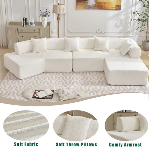 English Elm [new Boucle Modular Sectional Sofa with Chaise Pre-assembled Four Seat L-shape Living Room Couch White W2108S00067