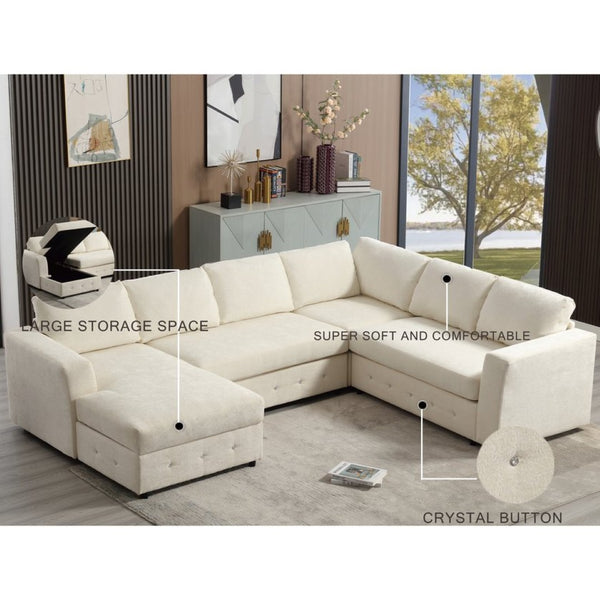 English Elm [new Arrived] Oversized U-shaped Chenille Sectional with Storage Chaise Crystal Button Accents Beige W2108S00073