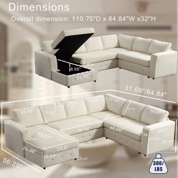 English Elm [new Arrived] Oversized U-shaped Chenille Sectional with Storage Chaise Crystal Button Accents Beige W2108S00073