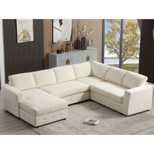 English Elm [new Arrived] Oversized U-shaped Chenille Sectional with Storage Chaise Crystal Button Accents Beige W2108S00073