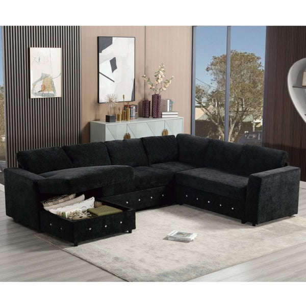 English Elm [new Arrived] Oversized U-shaped Chenille Sectional with Storage Chaise Crystal Button Accents Black W2108S00074