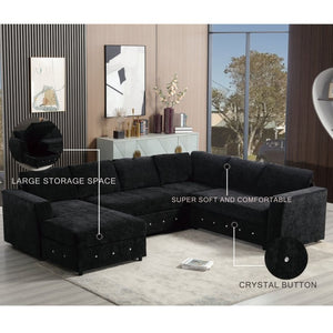 English Elm [new Arrived] Oversized U-shaped Chenille Sectional with Storage Chaise Crystal Button Accents Black W2108S00074