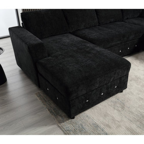 English Elm [new Arrived] Oversized U-shaped Chenille Sectional with Storage Chaise Crystal Button Accents Black W2108S00074