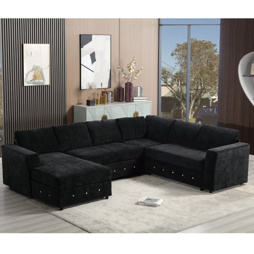 English Elm [new Arrived] Oversized U-shaped Chenille Sectional with Storage Chaise Crystal Button Accents Black W2108S00074