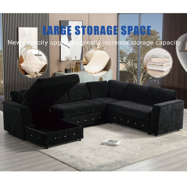 English Elm [new Arrived] Oversized U-shaped Chenille Sectional with Storage Chaise Crystal Button Accents Black W2108S00074