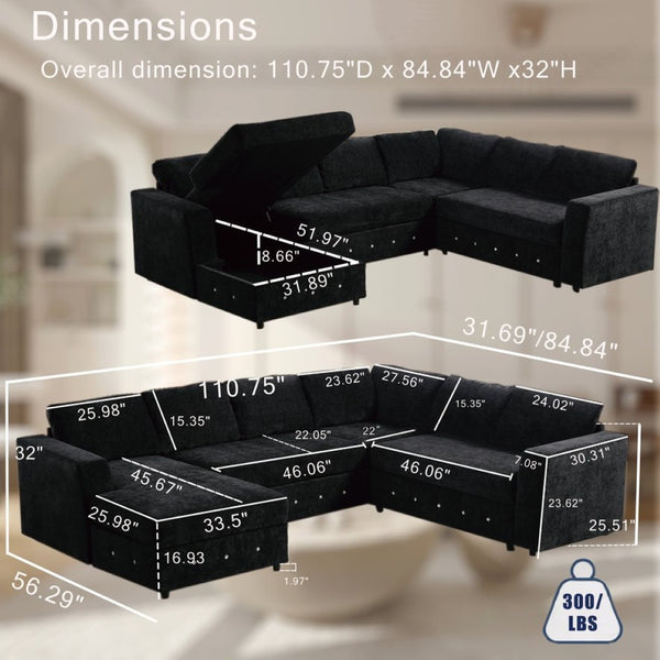 English Elm [new Arrived] Oversized U-shaped Chenille Sectional with Storage Chaise Crystal Button Accents Black W2108S00074