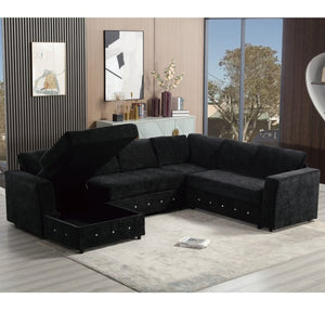 English Elm [new Arrived] Oversized U-shaped Chenille Sectional with Storage Chaise Crystal Button Accents Black W2108S00074