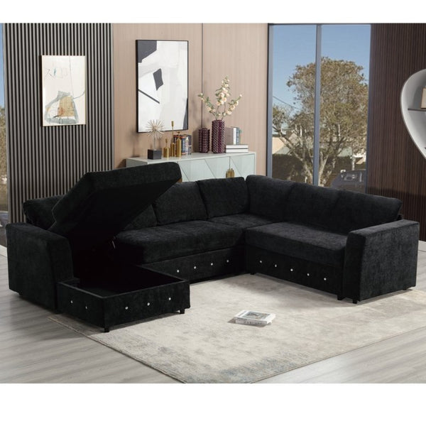 English Elm [new Arrived] Oversized U-shaped Chenille Sectional with Storage Chaise Crystal Button Accents Black W2108S00074