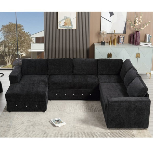 English Elm [new Arrived] Oversized U-shaped Chenille Sectional with Storage Chaise Crystal Button Accents Black W2108S00074