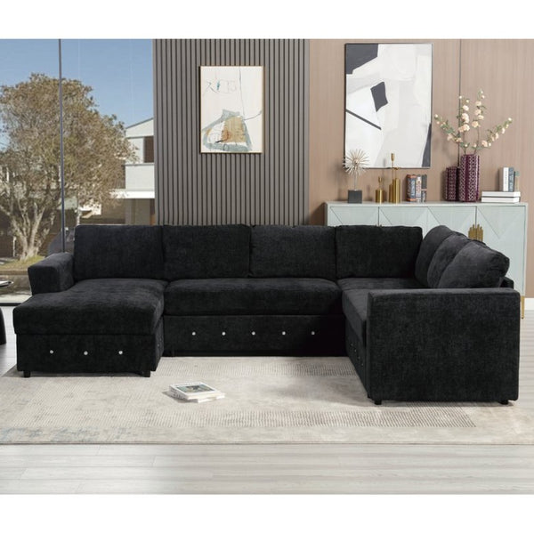 English Elm [new Arrived] Oversized U-shaped Chenille Sectional with Storage Chaise Crystal Button Accents Black W2108S00074