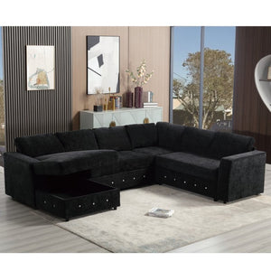 English Elm [new Arrived] Oversized U-shaped Chenille Sectional with Storage Chaise Crystal Button Accents Black W2108S00074