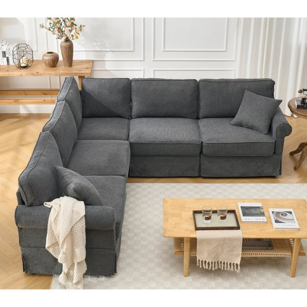 English Elm [new Arrived] Modular Linen Sectional Sofa with Reversible Chaise and Pocket Spring Support Dark Gray W2108S00099