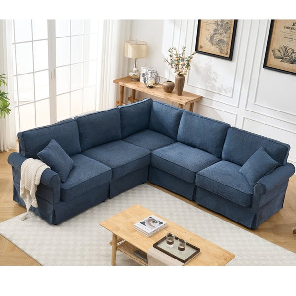 English Elm [new Arrived] Modular Linen Sectional Sofa with Reversible Chaise and Pocket Spring Support Dark Blue W2108S00100
