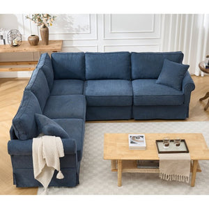 English Elm [new Arrived] Modular Linen Sectional Sofa with Reversible Chaise and Pocket Spring Support Dark Blue W2108S00100