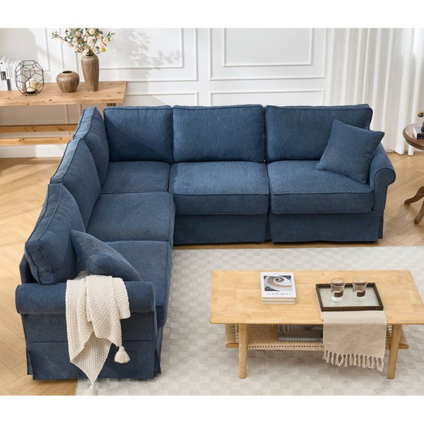 English Elm [new Arrived] Modular Linen Sectional Sofa with Reversible Chaise and Pocket Spring Support Dark Blue W2108S00100