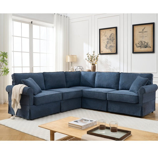 English Elm [new Arrived] Modular Linen Sectional Sofa with Reversible Chaise and Pocket Spring Support Dark Blue W2108S00100
