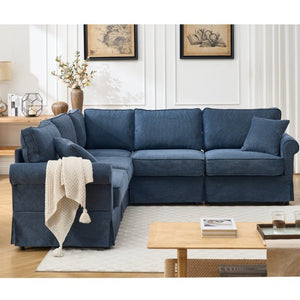 English Elm [new Arrived] Modular Linen Sectional Sofa with Reversible Chaise and Pocket Spring Support Dark Blue W2108S00100