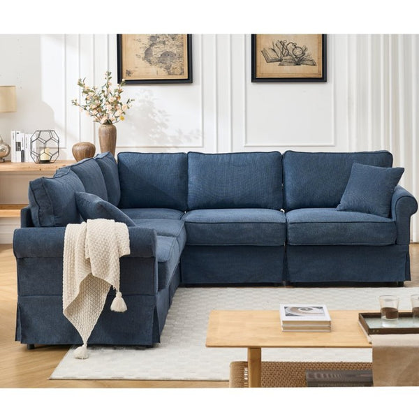 English Elm [new Arrived] Modular Linen Sectional Sofa with Reversible Chaise and Pocket Spring Support Dark Blue W2108S00100