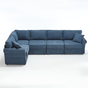 English Elm [new Arrived] Modular Linen Sectional Sofa with Reversible Chaise and Pocket Spring Support Dark Blue W2108S00100
