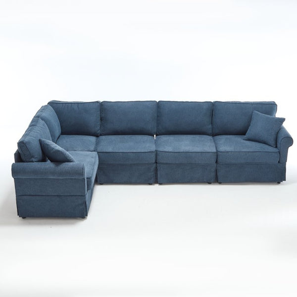 English Elm [new Arrived] Modular Linen Sectional Sofa with Reversible Chaise and Pocket Spring Support Dark Blue W2108S00100
