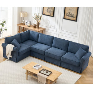 English Elm [new Arrived] Modular Linen Sectional Sofa with Reversible Chaise and Pocket Spring Support Dark Blue W2108S00100