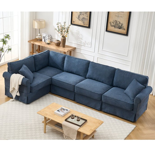 English Elm [new Arrived] Modular Linen Sectional Sofa with Reversible Chaise and Pocket Spring Support Dark Blue W2108S00100