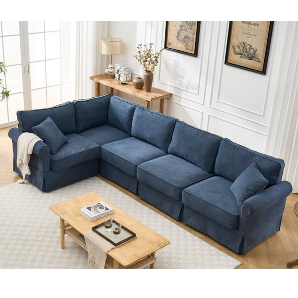 English Elm [new Arrived] Modular Linen Sectional Sofa with Reversible Chaise and Pocket Spring Support Dark Blue W2108S00100