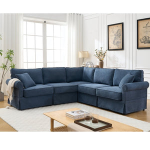 English Elm [new Arrived] Modular Linen Sectional Sofa with Reversible Chaise and Pocket Spring Support Dark Blue W2108S00100