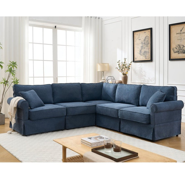 English Elm [new Arrived] Modular Linen Sectional Sofa with Reversible Chaise and Pocket Spring Support Dark Blue W2108S00100