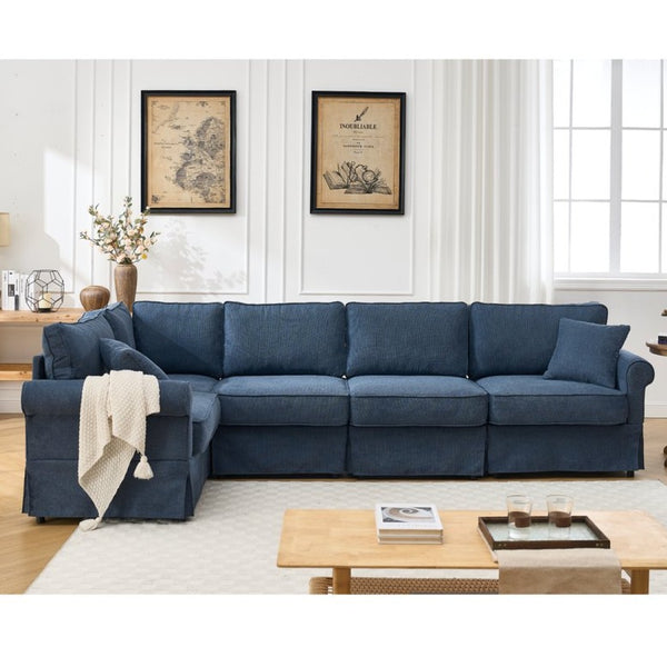 English Elm [new Arrived] Modular Linen Sectional Sofa with Reversible Chaise and Pocket Spring Support Dark Blue W2108S00100