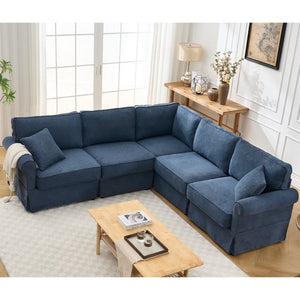 English Elm [new Arrived] Modular Linen Sectional Sofa with Reversible Chaise and Pocket Spring Support Dark Blue W2108S00100