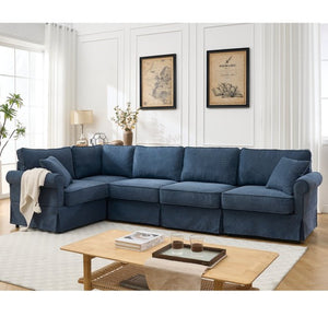 English Elm [new Arrived] Modular Linen Sectional Sofa with Reversible Chaise and Pocket Spring Support Dark Blue W2108S00100