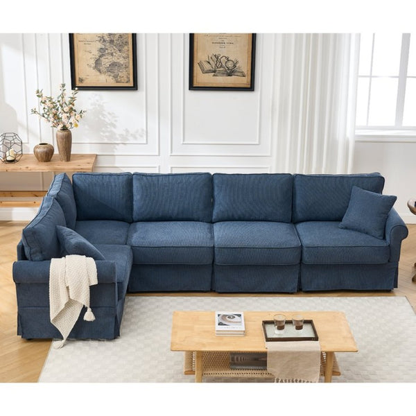 English Elm [new Arrived] Modular Linen Sectional Sofa with Reversible Chaise and Pocket Spring Support Dark Blue W2108S00100
