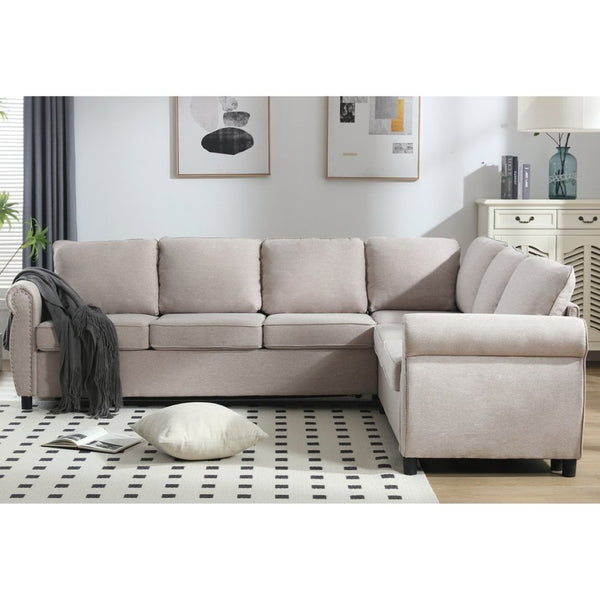 English Elm [new Arrived] Riveted L-shaped Sleeper Sectional with Pull-out Bed for Large Living Rooms Beige W2108S00101