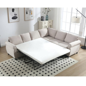 English Elm [new Arrived] Riveted L-shaped Sleeper Sectional with Pull-out Bed for Large Living Rooms Beige W2108S00101