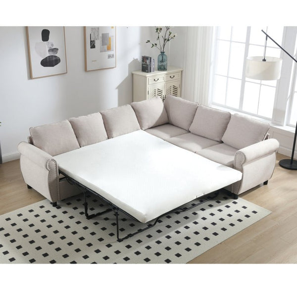 English Elm [new Arrived] Riveted L-shaped Sleeper Sectional with Pull-out Bed for Large Living Rooms Beige W2108S00101