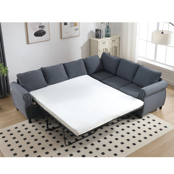 English Elm [new Arrived] Riveted L-shaped Sleeper Sectional with Pull-out Bed for Large Living Rooms Gray W2108S00102