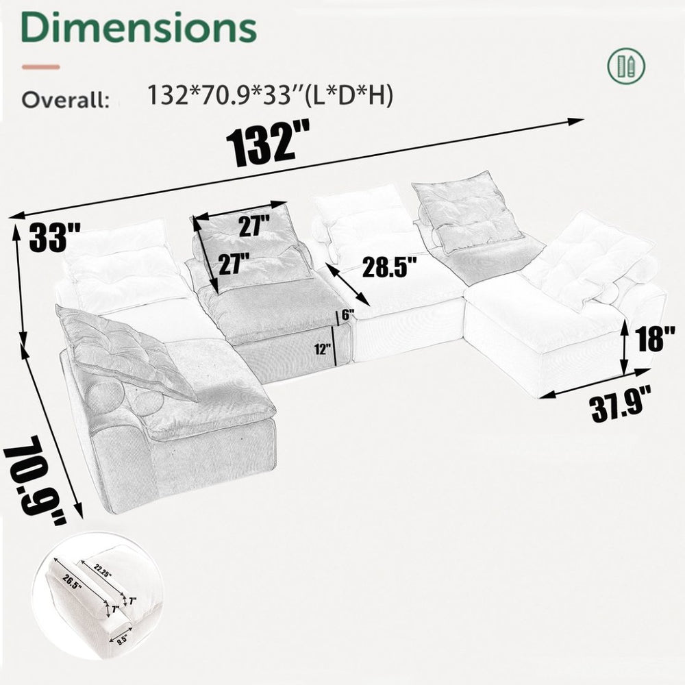 English Elm [new Corduroy Modular Floor Sofa Six Piece Armless Sectional with Neck and Lumbar Pillows W2108S00117