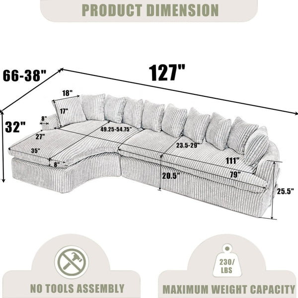English Elm [new Arrived] 127 Inch Curved L-shape Sectional Sofa Corduroy Cushioned Living Room Seat W2108S00118